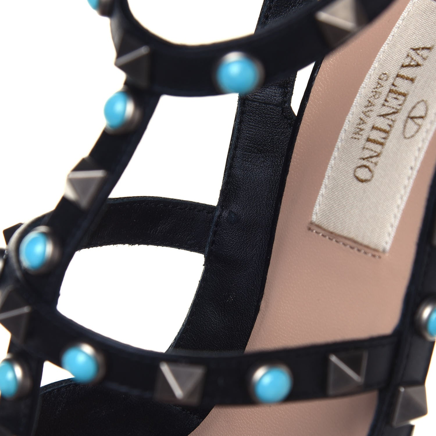 Valentino Garavani Pebbled Calfskin Turquoise Rockstud Rolling Ankle Strap 100mm Pumps 36 Black 7 of 8