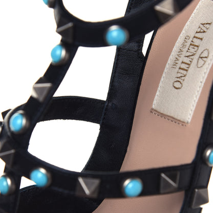 Valentino Garavani Pebbled Calfskin Turquoise Rockstud Rolling Ankle Strap 100mm Pumps 36 Black 7 of 8