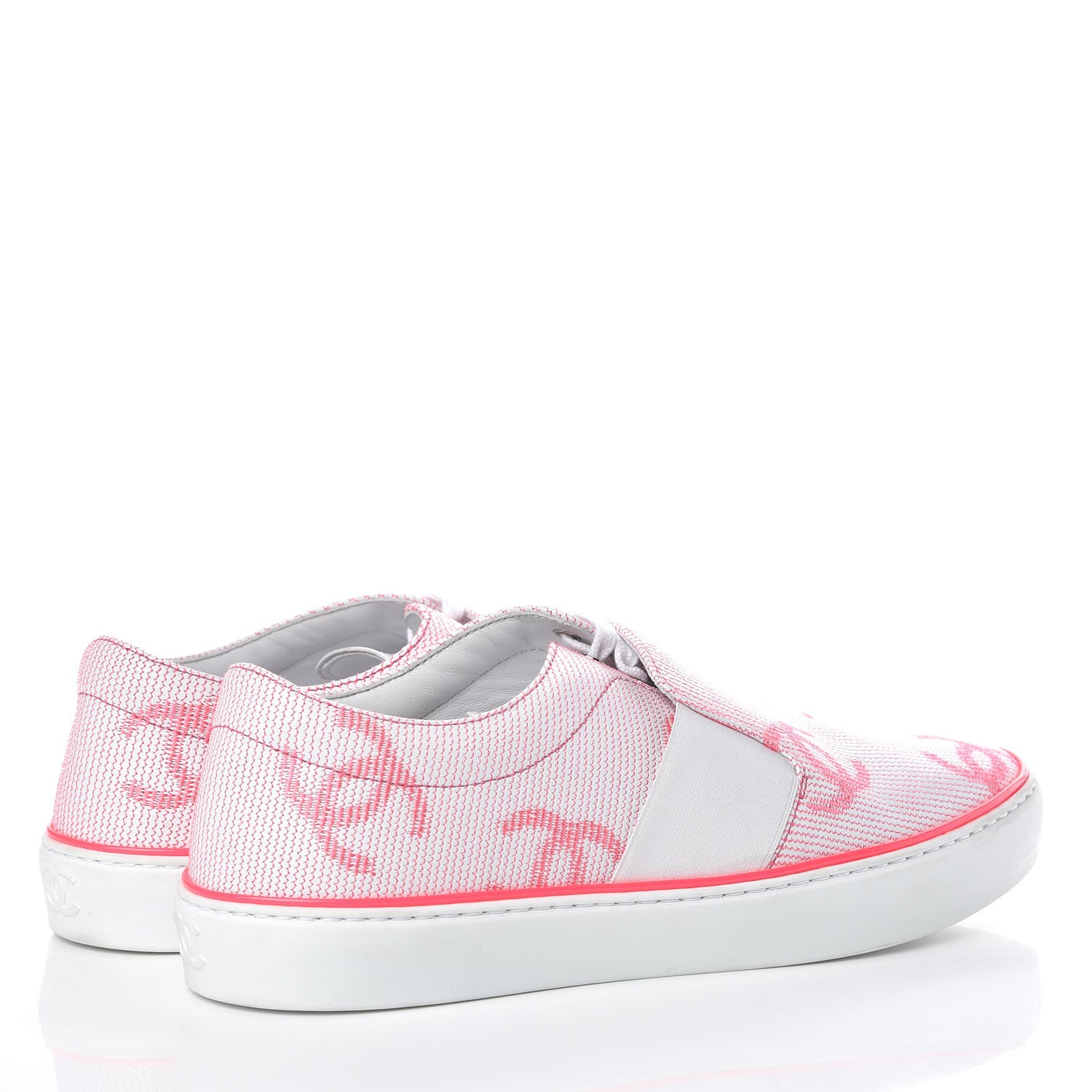 Chanel Embroidered Calfskin Womens CC Sneakers 38.5 White Fluo Pink 3 of 10