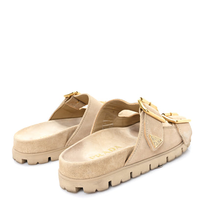 Prada Suede Metal Triangle Logo Womens Double Buckle 20mm Slide Sandals 36 Ecru 5 of 10