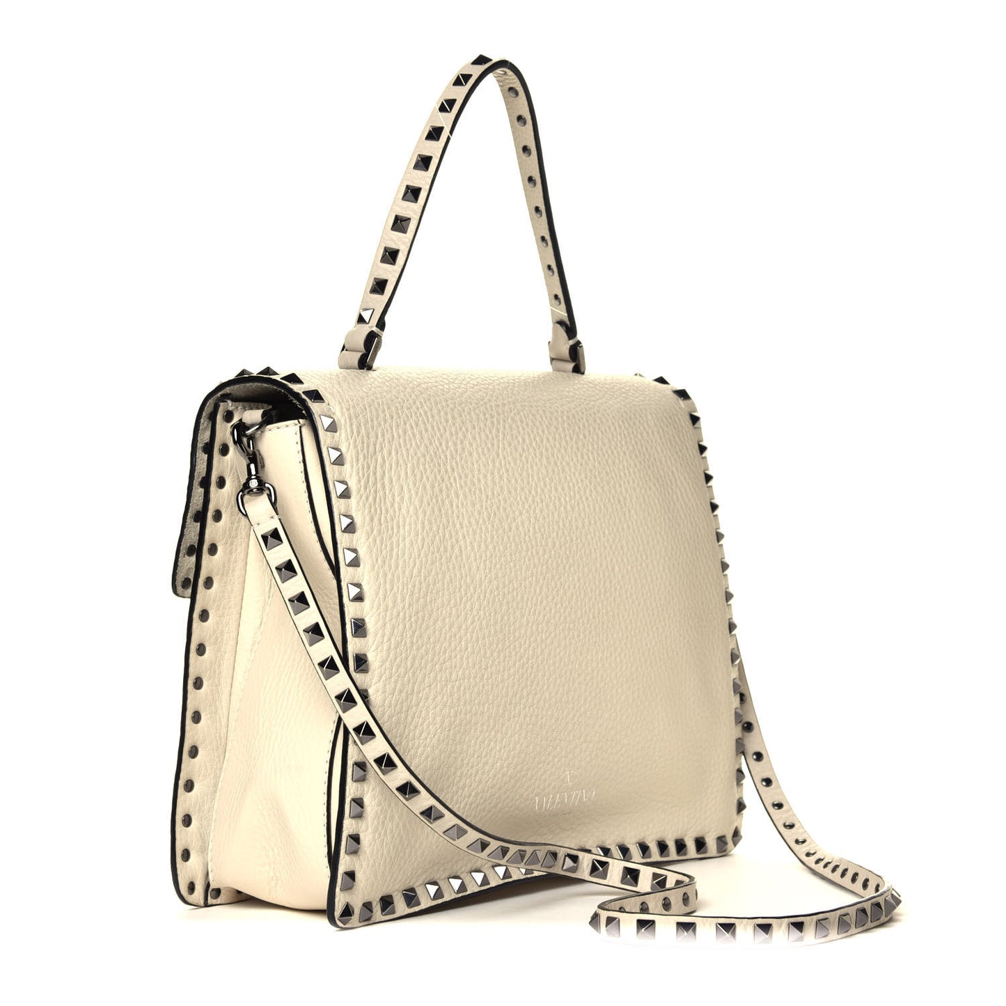 Grained Calfskin Rockstud Top Handle Flap Shoulder Bag Light Ivory