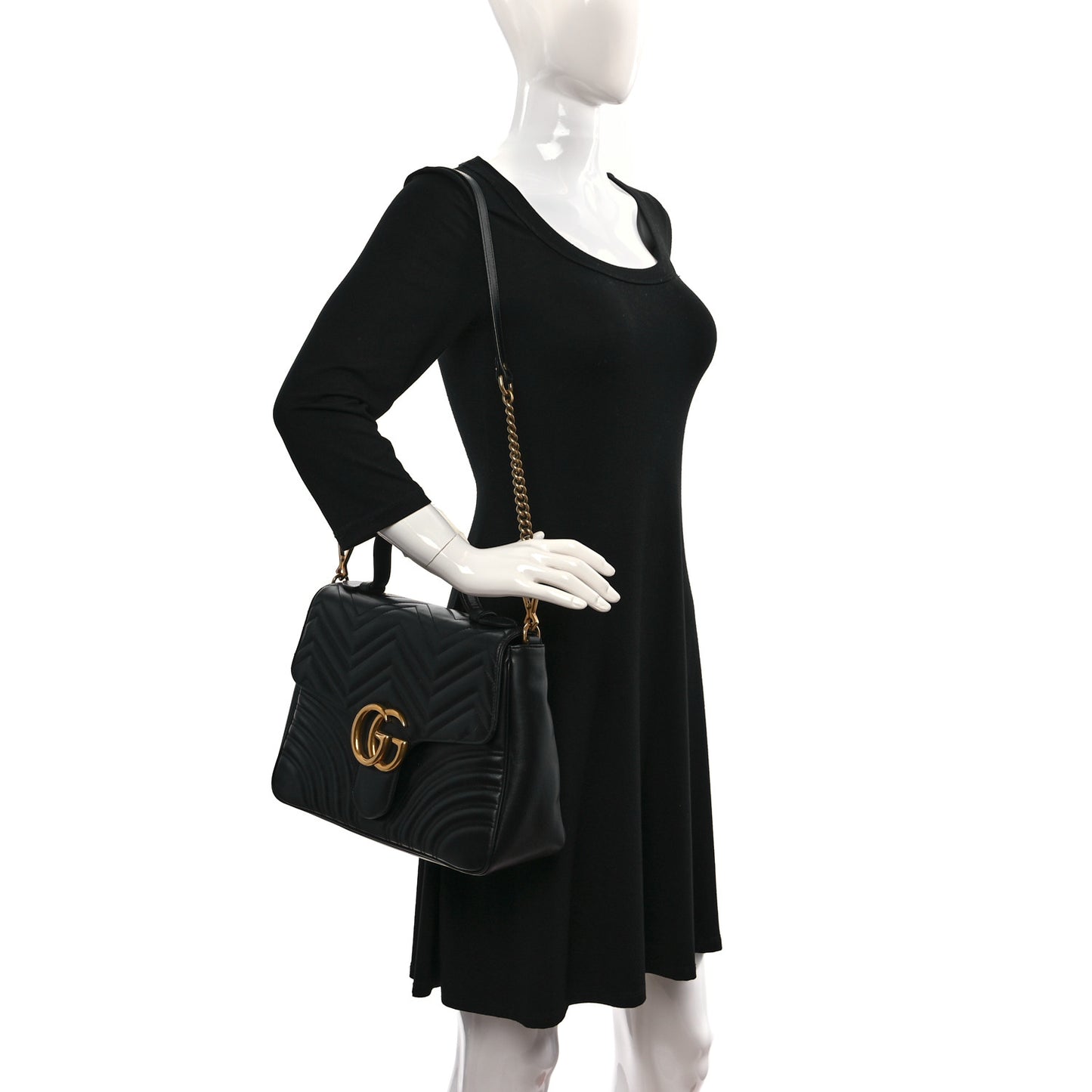Calfskin Matelasse Medium GG Marmont Top Handle Shoulder Bag Black
