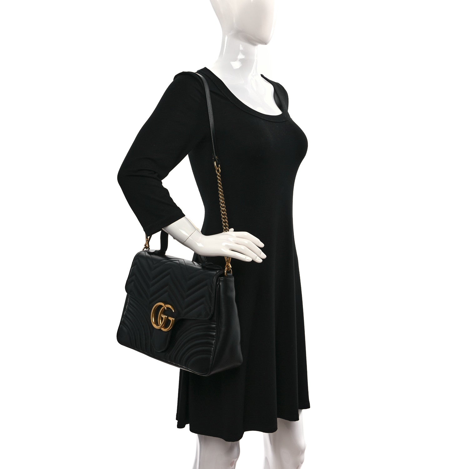 Gucci Calfskin Matelasse Medium GG Marmont Top Handle Shoulder Bag Black 2 of 9