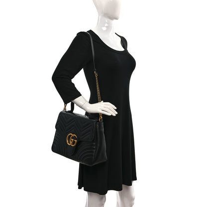 Gucci Calfskin Matelasse Medium GG Marmont Top Handle Shoulder Bag Black 2 of 9