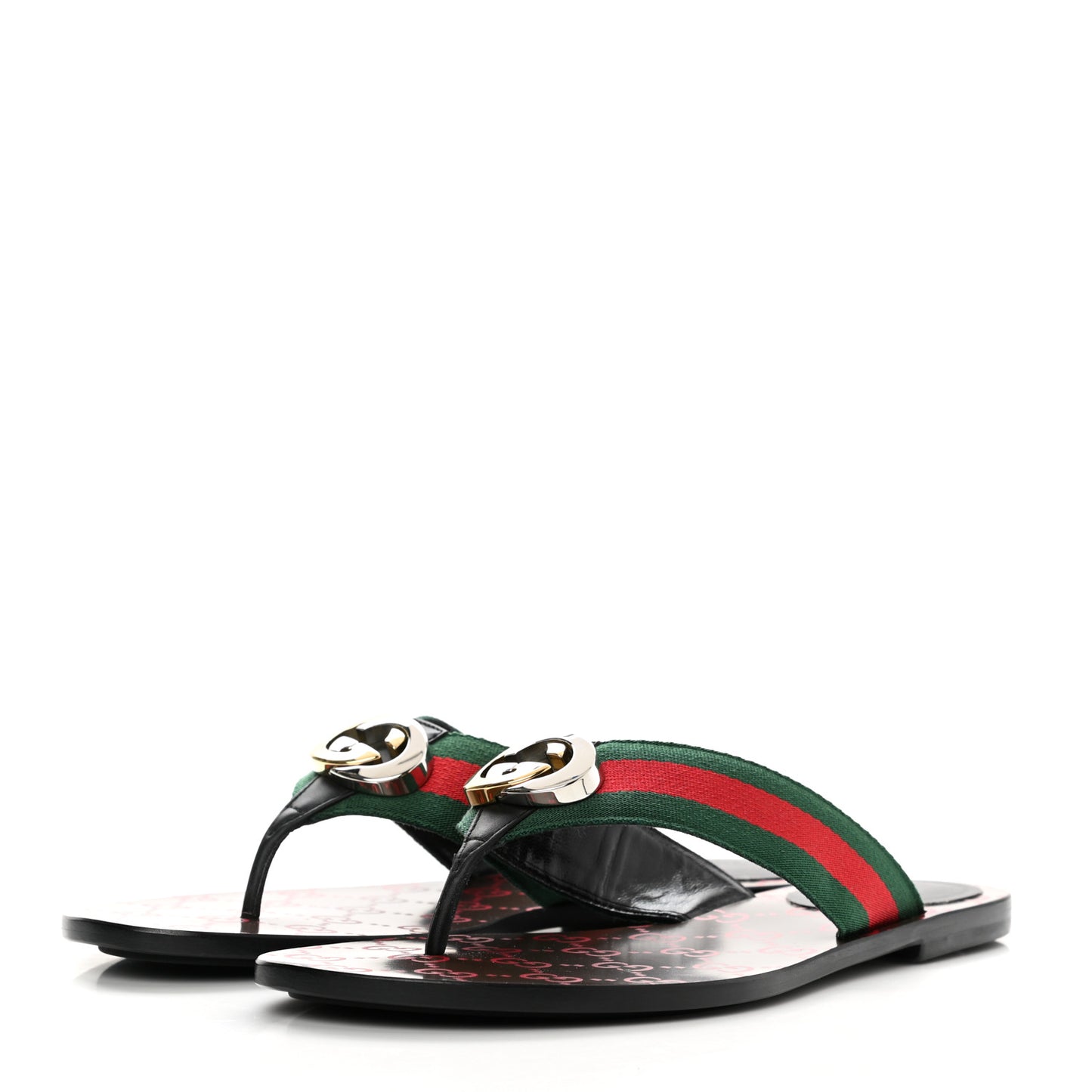 Nylon Calfskin Web GG Monogram Womens Thong Sandals 39.5 Green Red Cocoa
