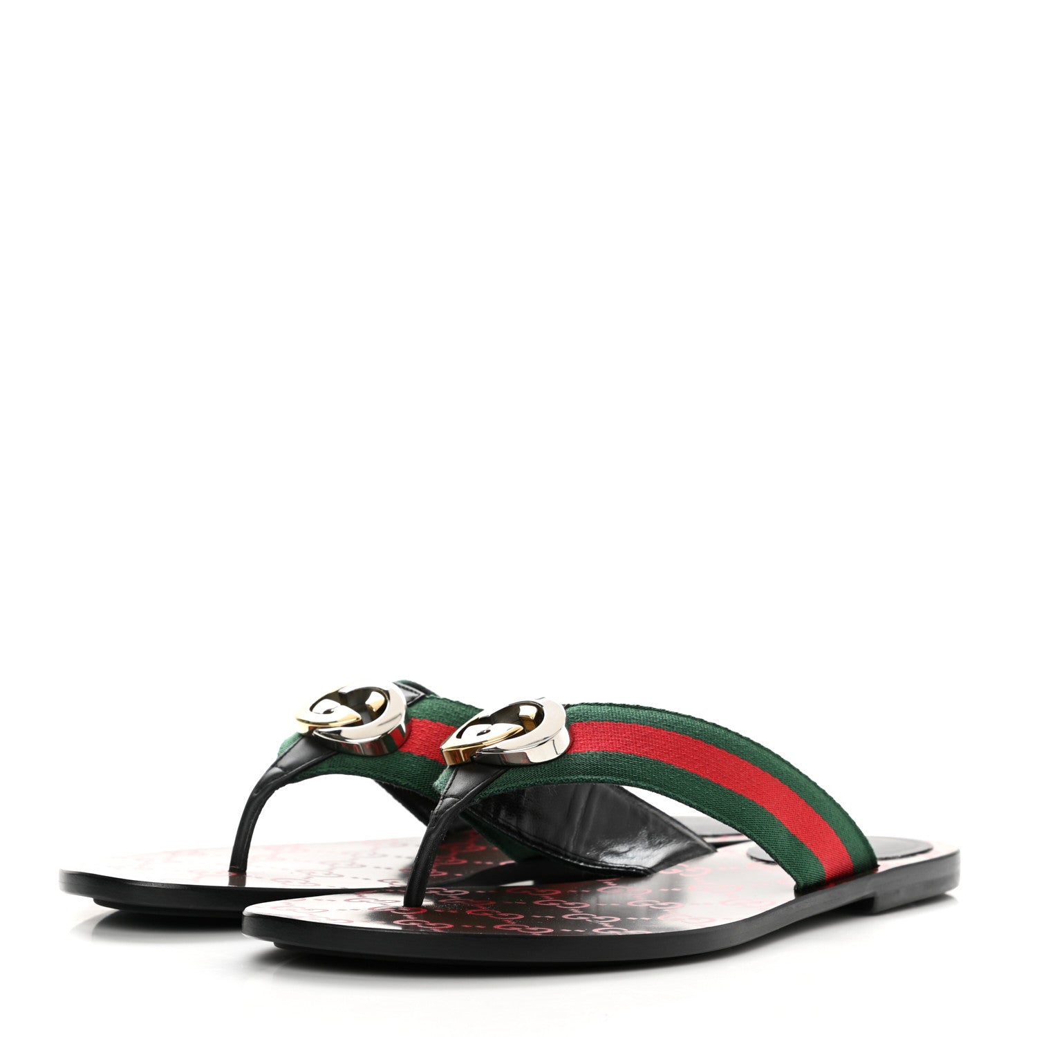 Gucci Nylon Calfskin Web GG Monogram Womens Thong Sandals 39.5 Green Red Cocoa 3 of 8
