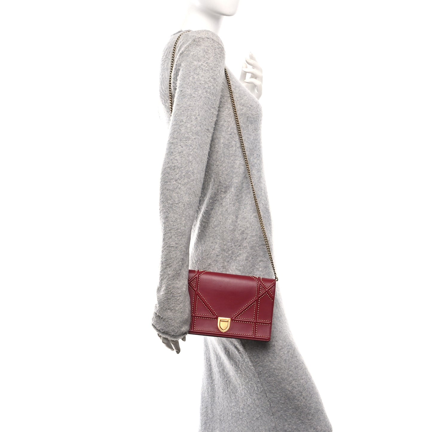 Calfskin Studded Diorama Wallet On Chain Burgundy