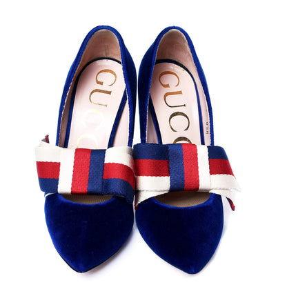Gucci Velvet Removable Web Bow Pumps 35 Cobalt 5 of 9