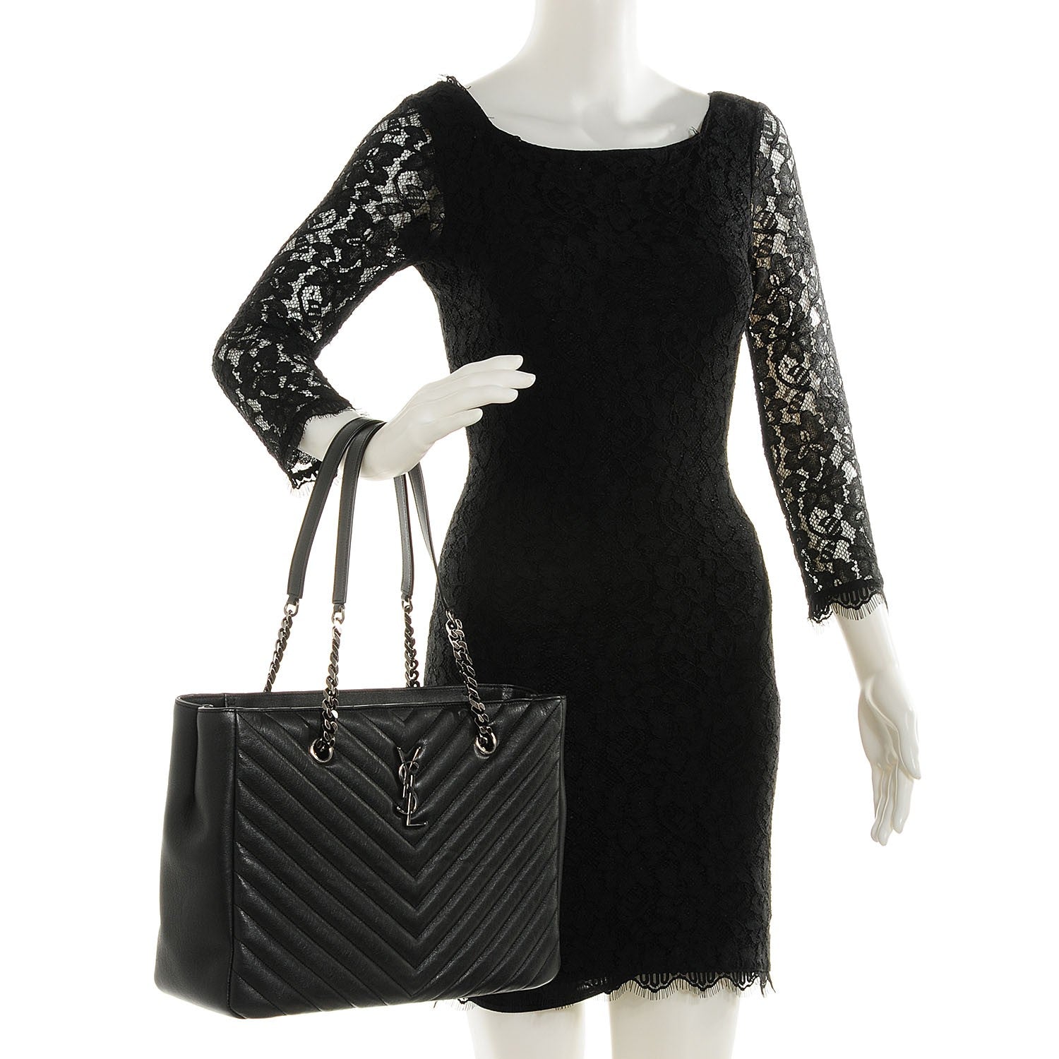 Saint Laurent Sheepskin Matelasse Chevron Large Monogram Shopper Black 2 of 9