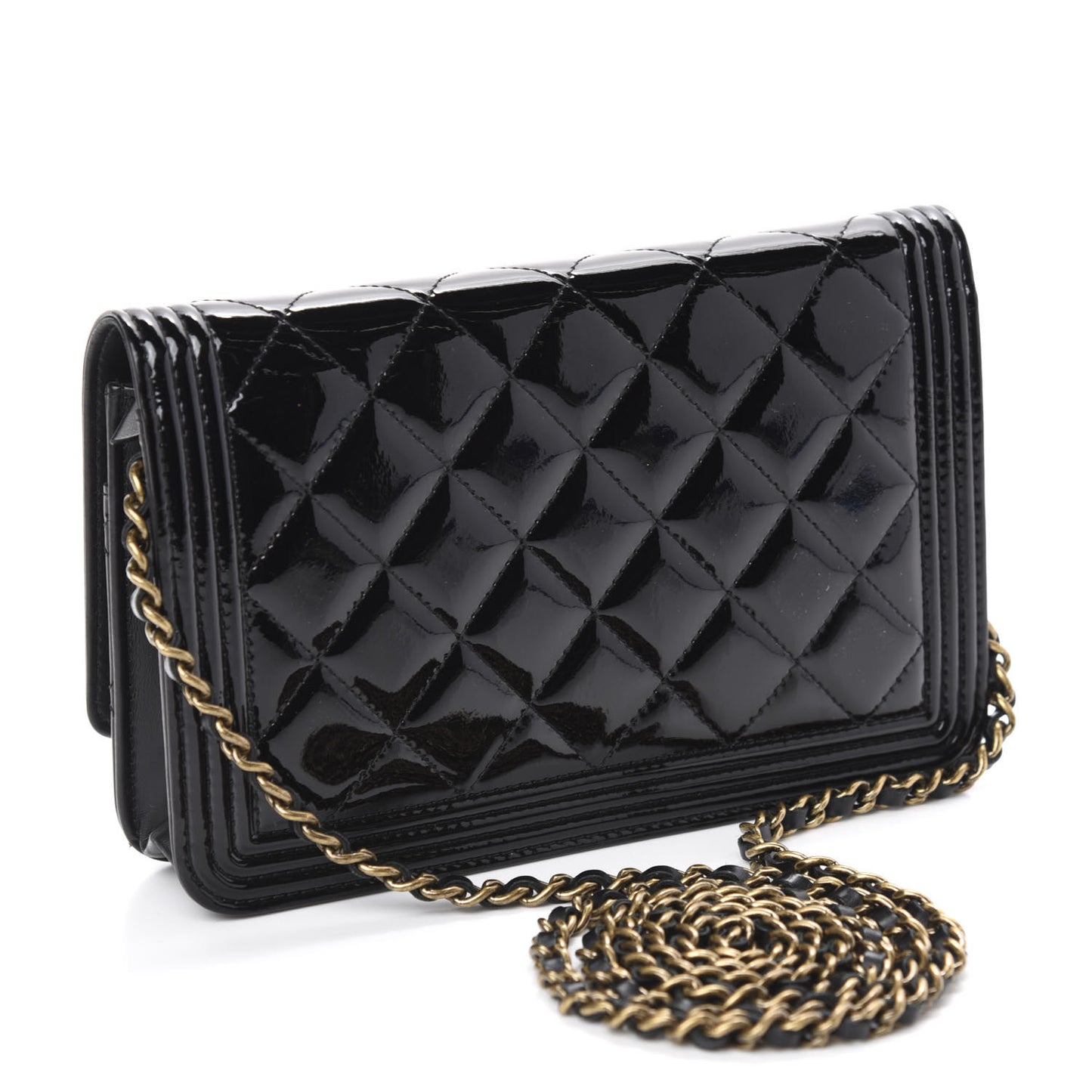 Patent Calfskin Quilted Boy Wallet On Chain WOC Black