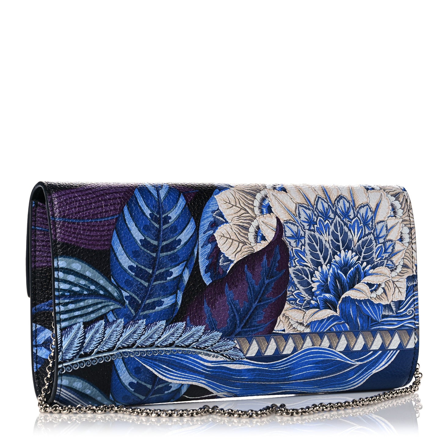 Grained Calfskin Floral Print Gancio Shoulder Bag Blue Multicolor