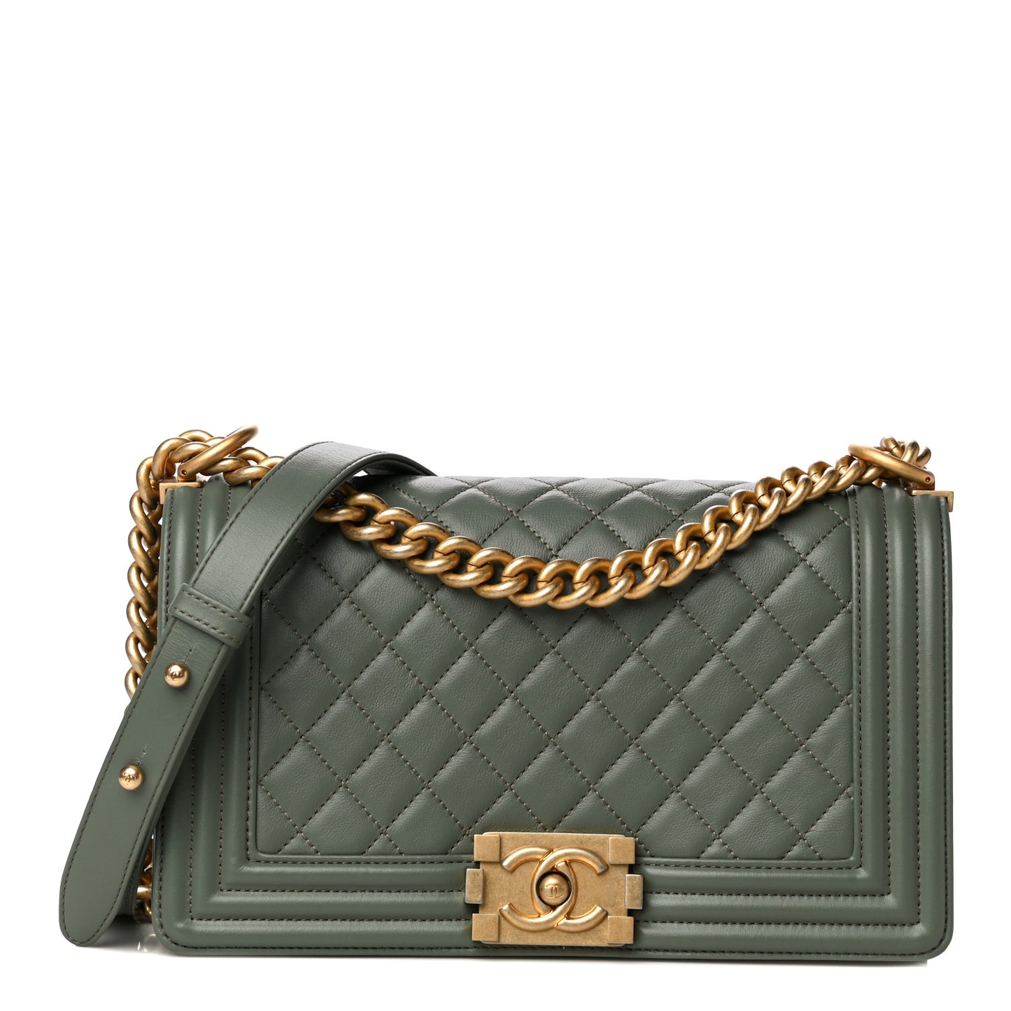 Calfskin Quilted Medium Boy Flap Dark Green