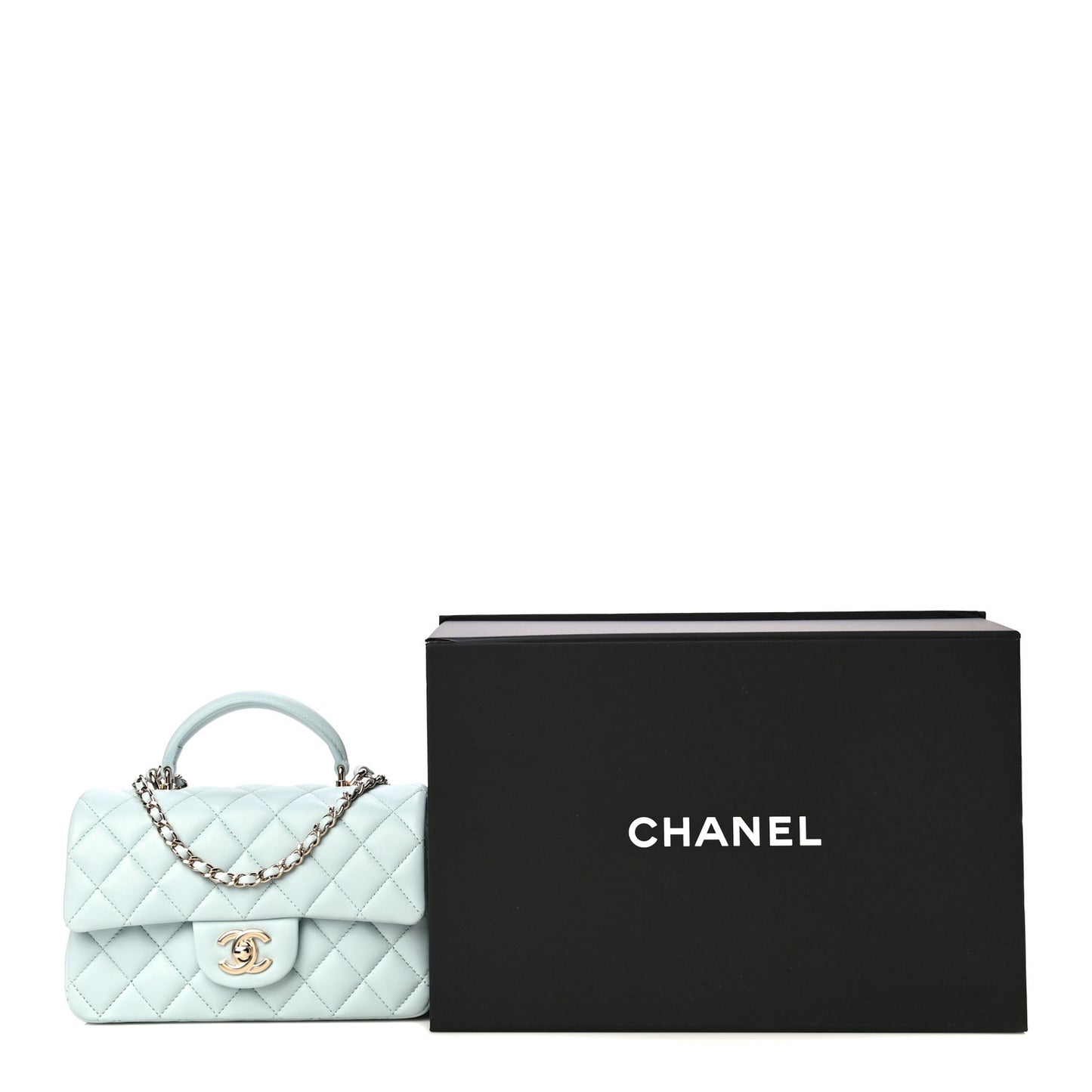Lambskin Quilted Mini Top Handle Rectangular Flap Light Blue