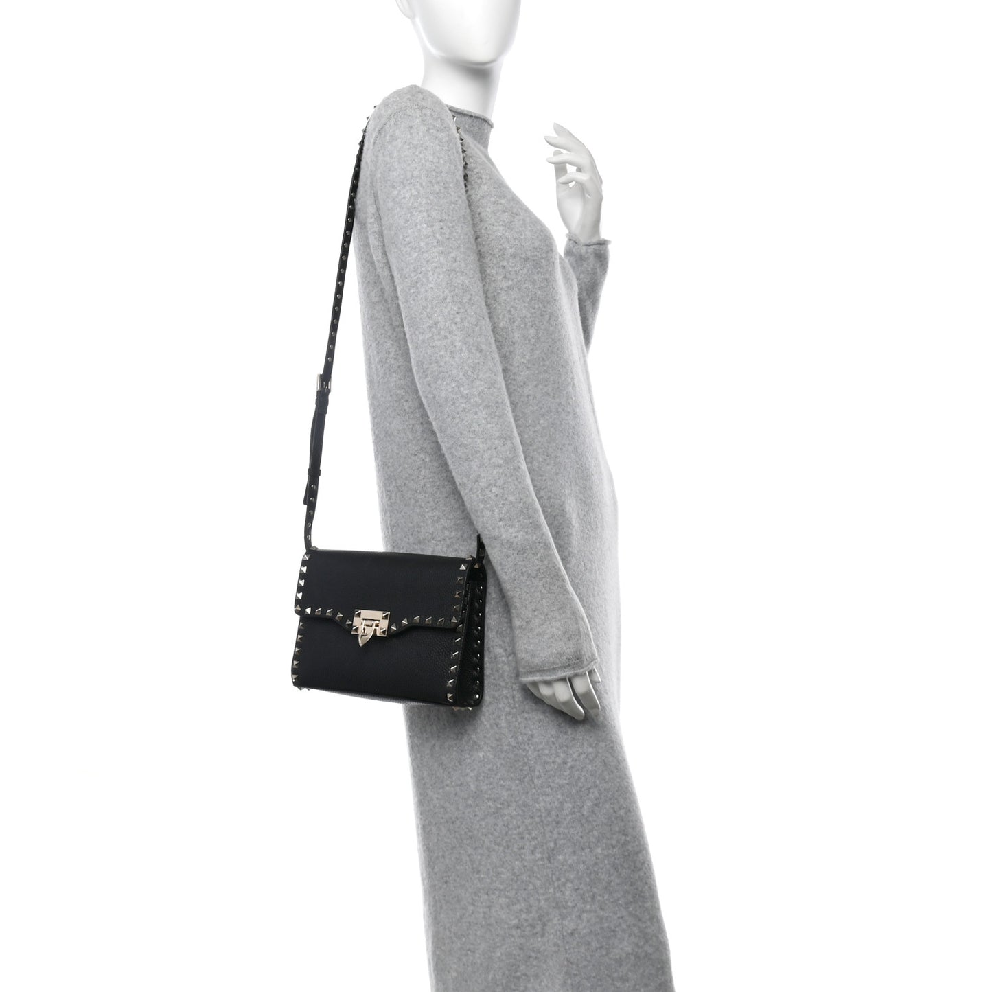 Pebbled Calfskin Medium Rockstud Flip Lock Crossbody Bag Black