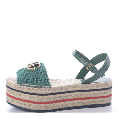 Gucci Cotton Malaga Kid Crochet Pearly GG Lilibeth Espadrille Platform Sandals 36 Emerald 1 of 7