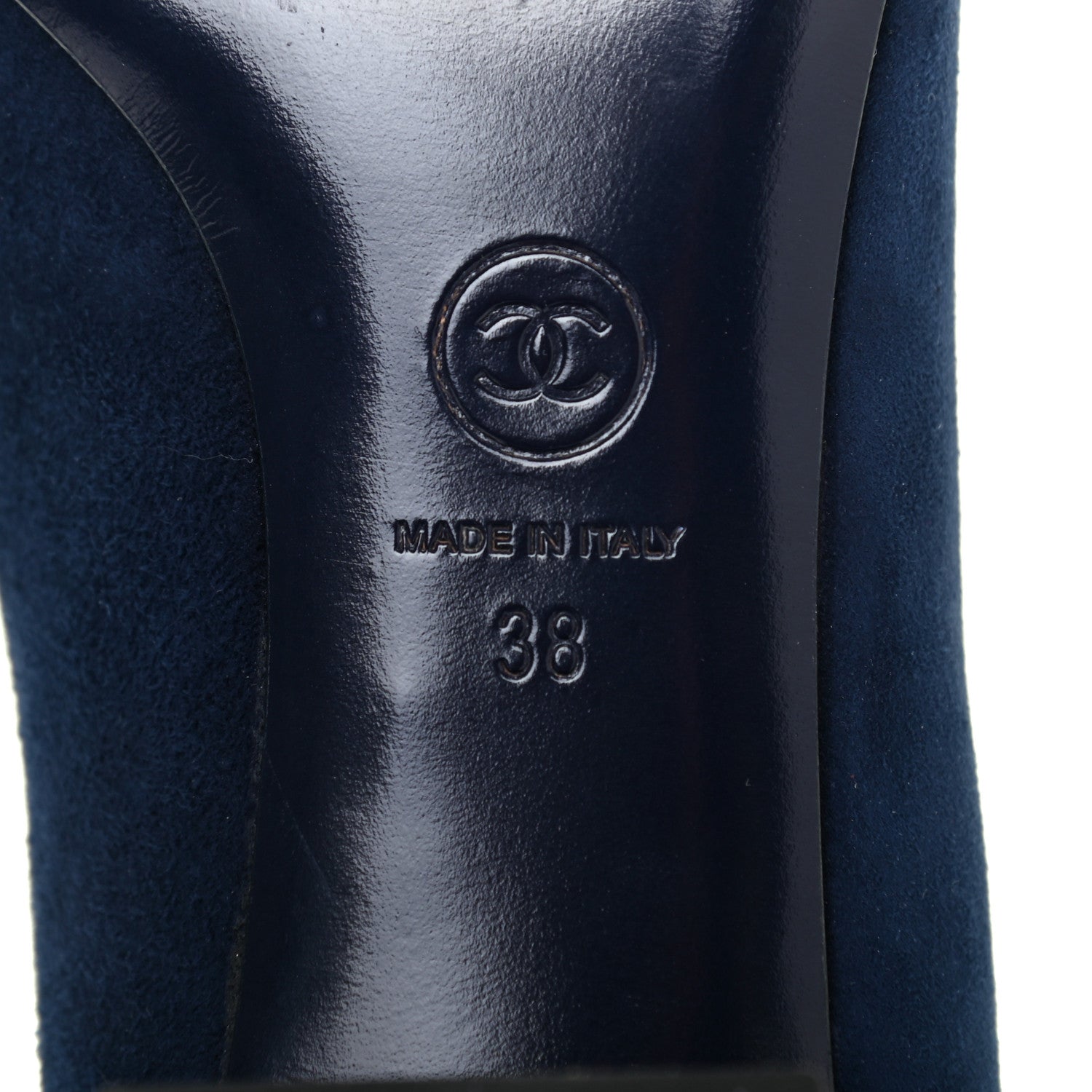 Chanel Kid Suede Pearl Camellia Cap Toe Pumps 38 Navy 6 of 12