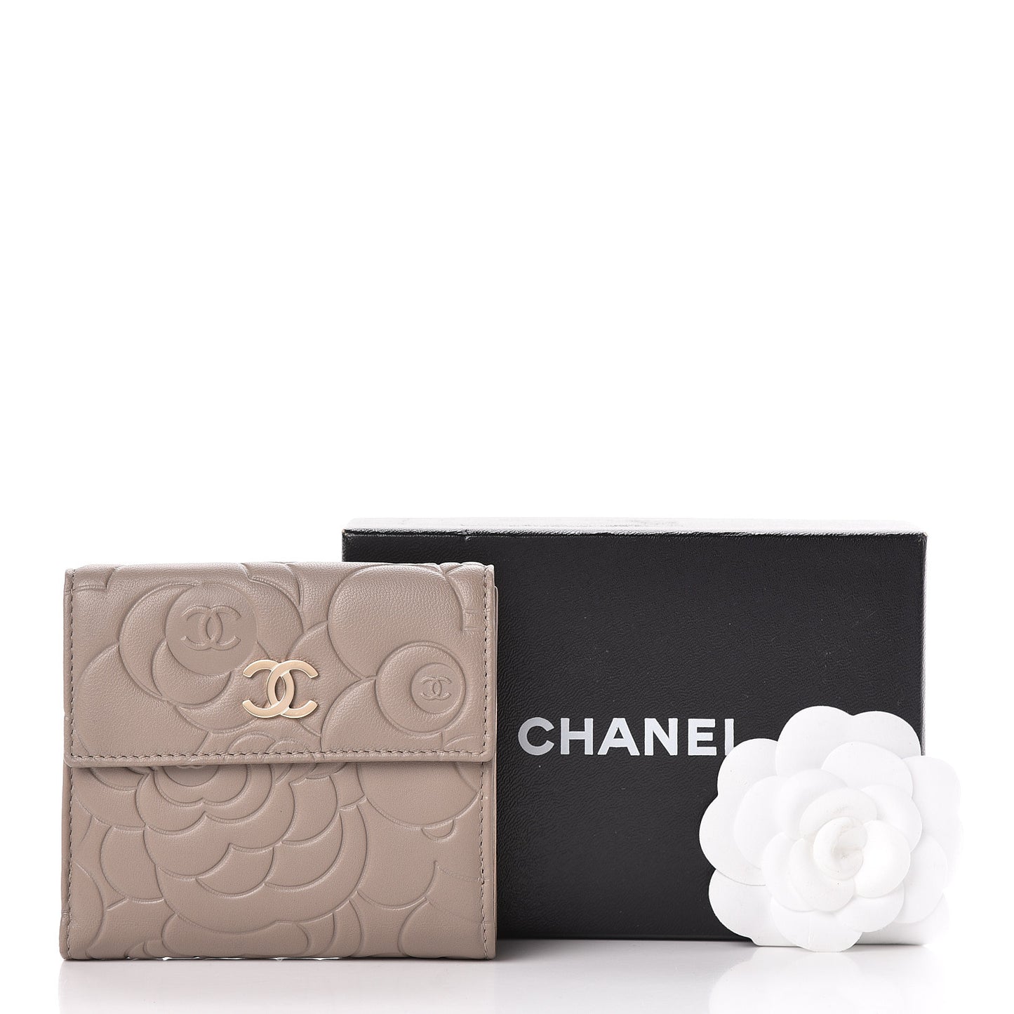 Lambskin Camellia Embossed French Wallet Beige
