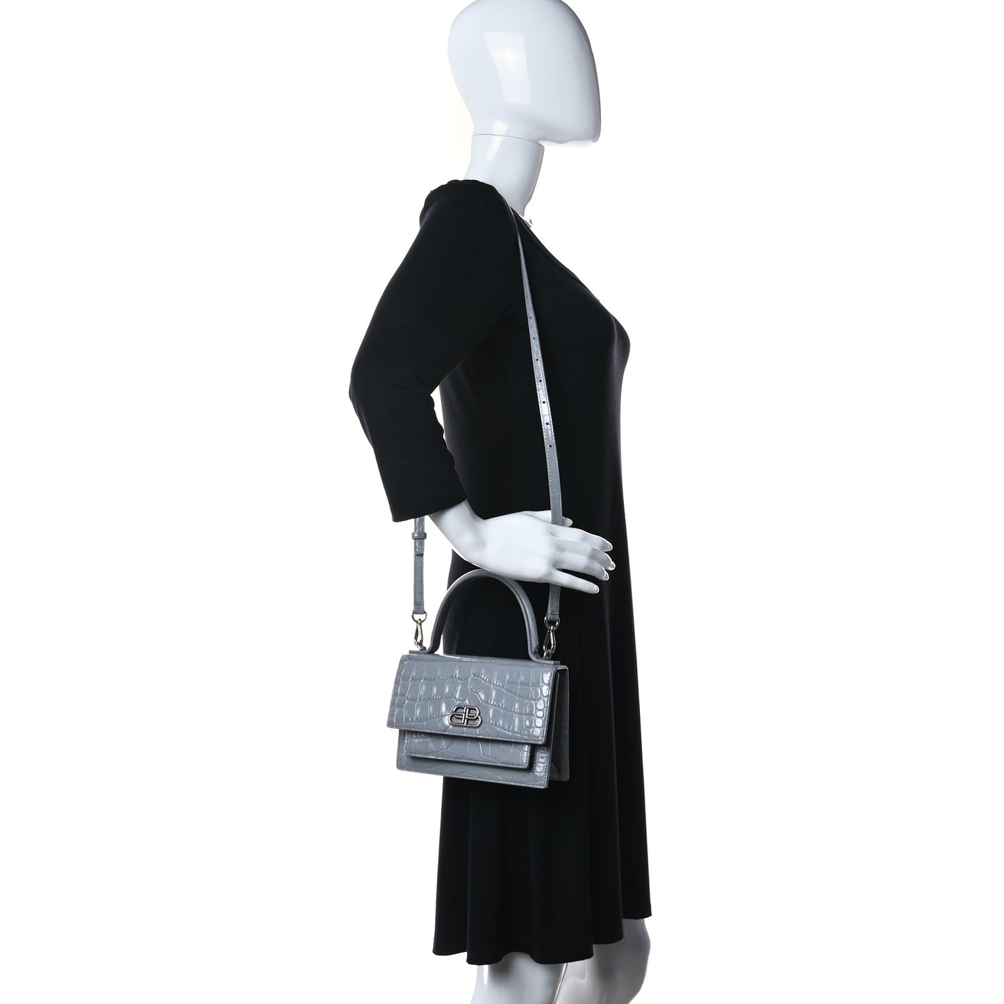 Shiny Calfskin Crocodile Embossed XS Sharp Top Handle Bag Balenciaga Grey