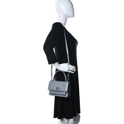 Balenciaga Shiny Calfskin Crocodile Embossed XS Sharp Top Handle Bag Balenciaga Grey 2 of 9