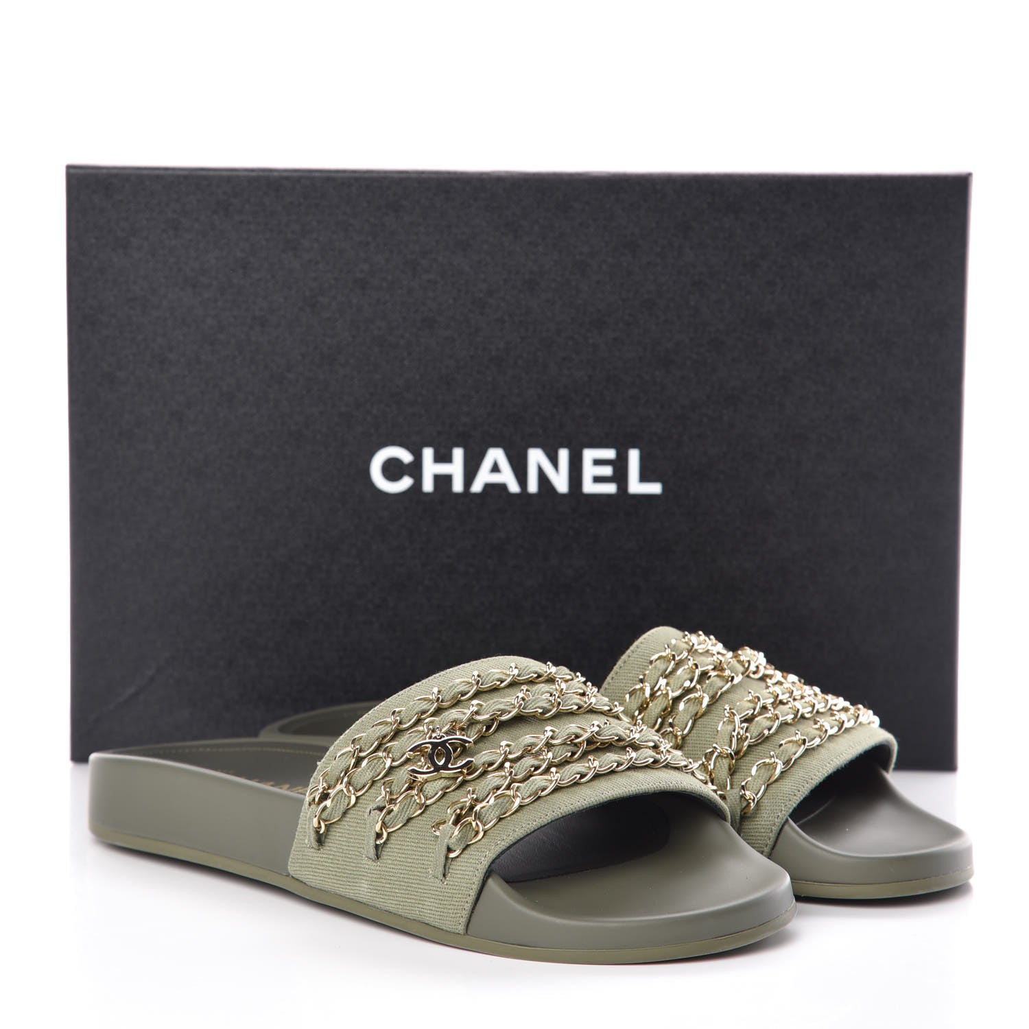 Chanel Canvas Chain Flat Sandals 38 Khaki 10 of 10