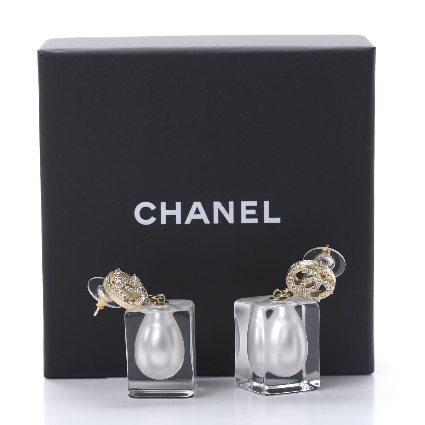 Crystal Lucite Pearl CC Drop Earrings Gold