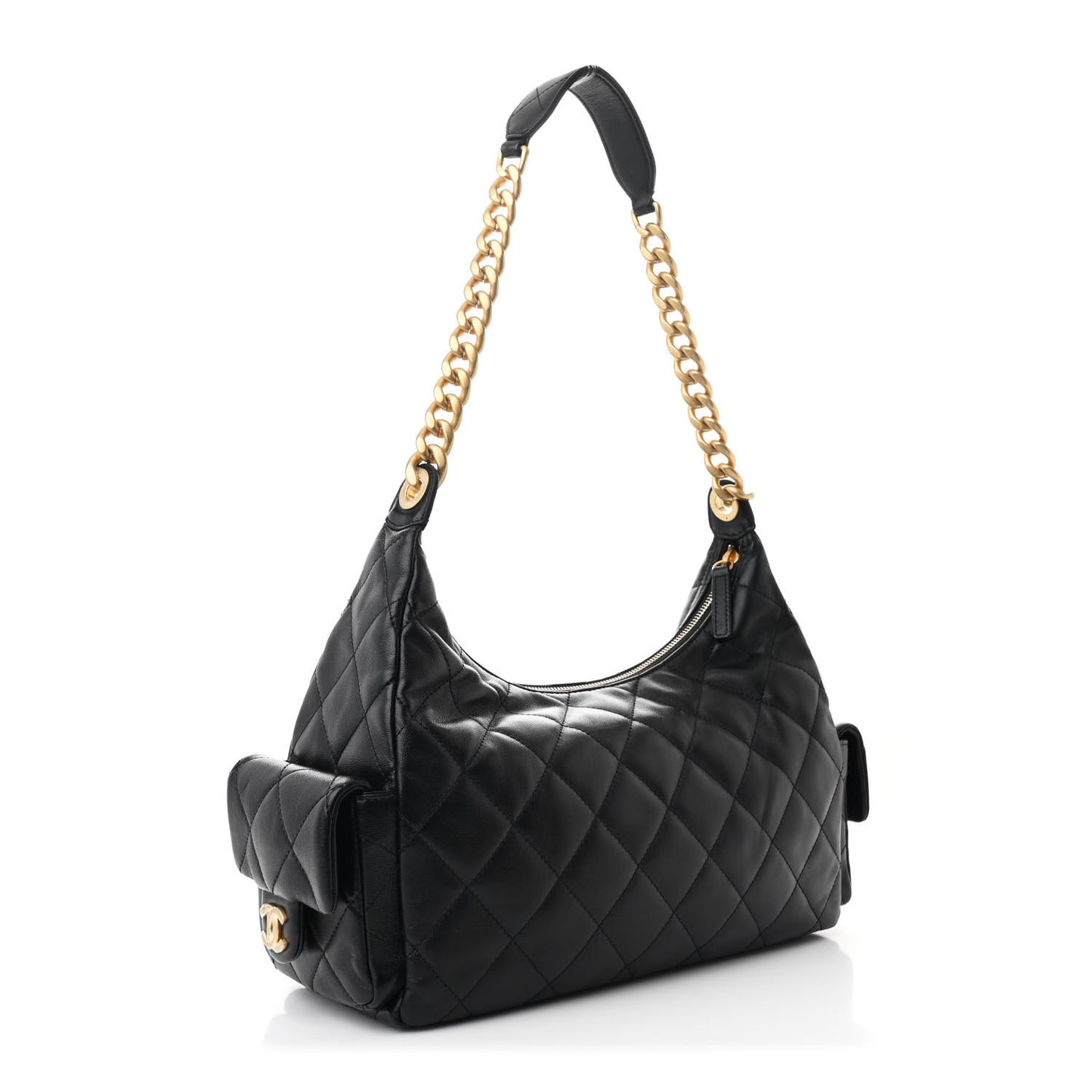 Shiny Lambskin Quilted Trendy Pockets Hobo Black