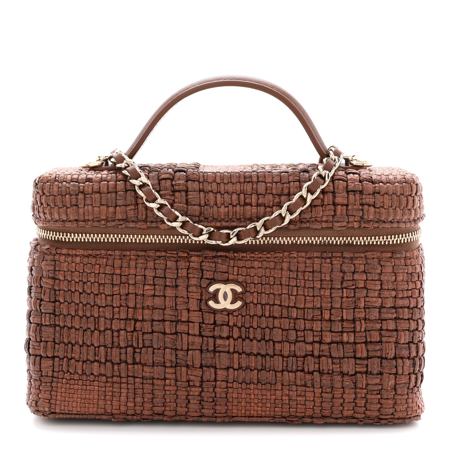Braided Raffia Quilted Top Handle Slim Vanity With Chain Brown
