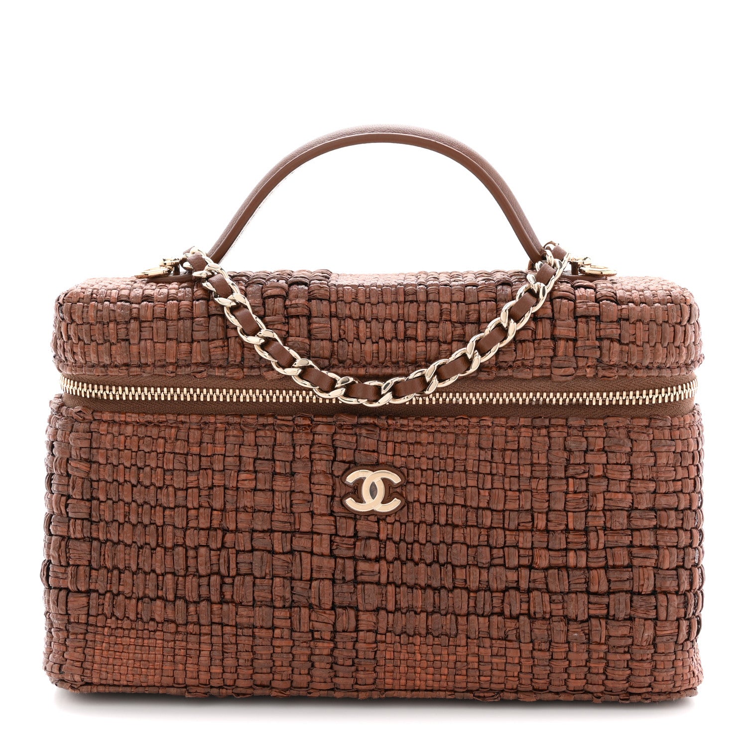 Chanel Braided Raffia Quilted Top Handle Slim Vanity With Chain Brown 1 of 11