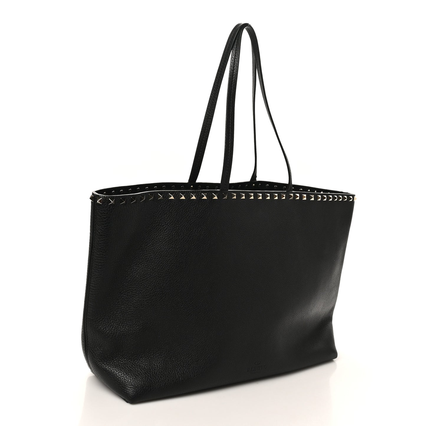 Grained Calfskin Rockstud Shoulder Tote Black