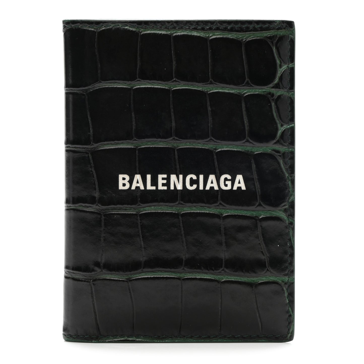 Semi Matte Calfskin Crocodile Embossed Logo Cash Vertical Card Case Dark Green White