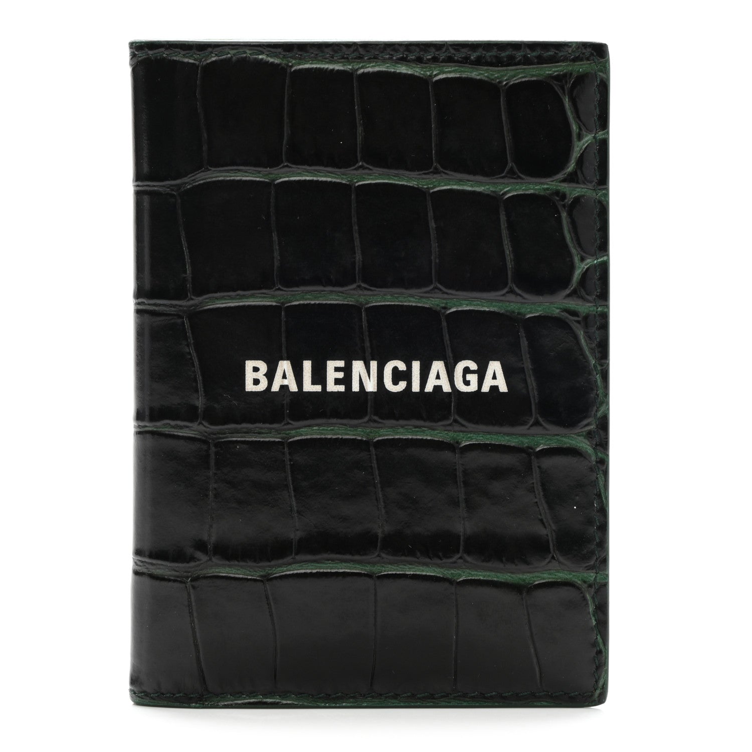 Balenciaga Semi Matte Calfskin Crocodile Embossed Logo Cash Vertical Card Case Dark Green White 1 of 9