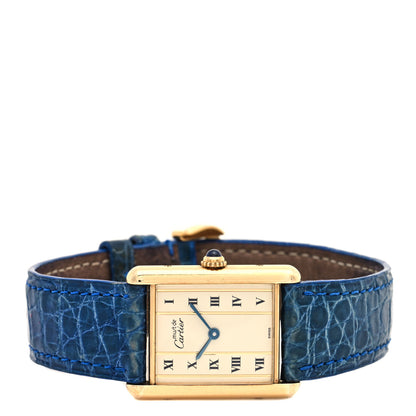 Cartier Sterling Silver Vermeil Alligator 23mm Must de Cartier Tank Quartz Watch Blue 2 of 4