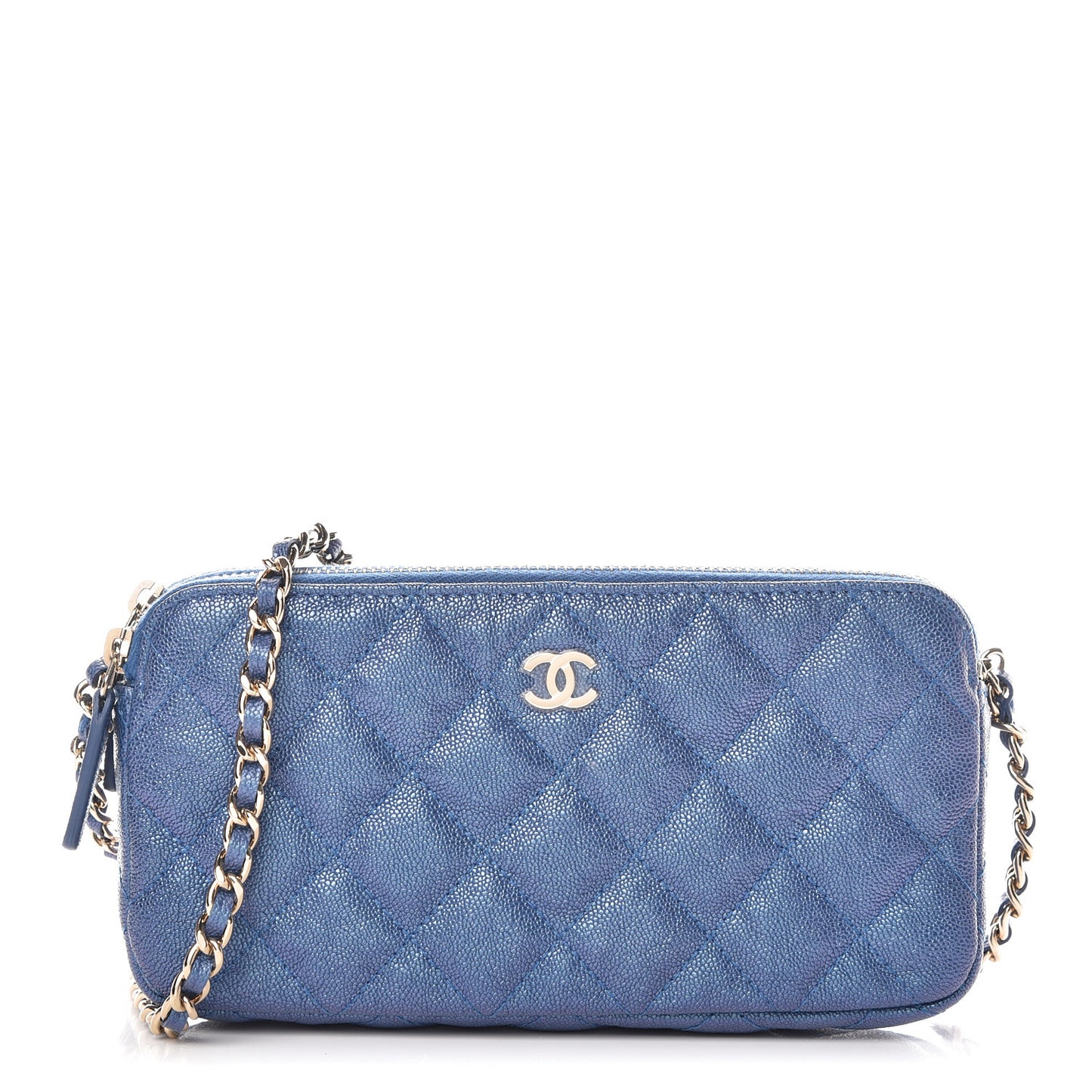 Iridescent Caviar Quilted Clutch With Chain Dark Blue