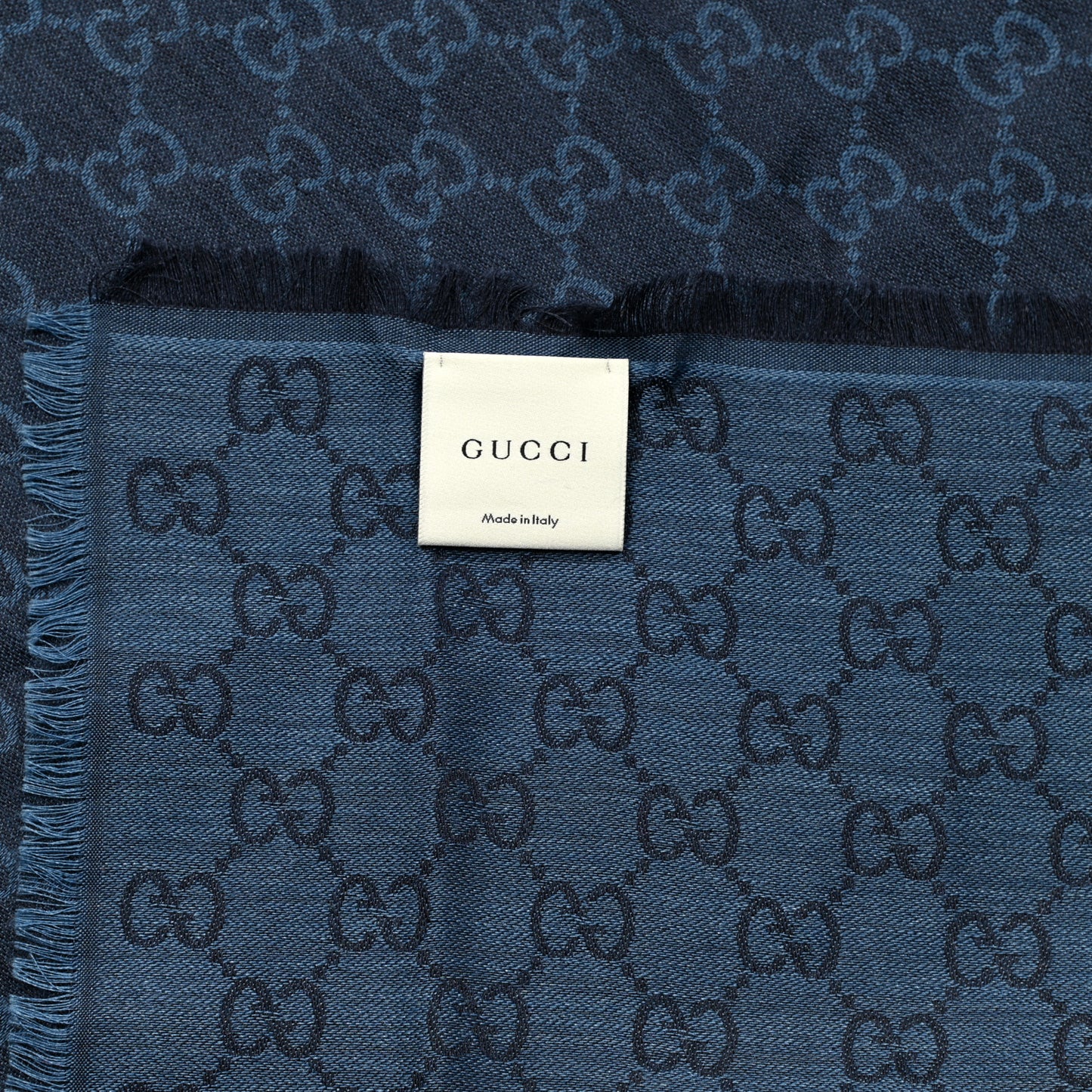 Wool Silk Monogram GGWeb Fringe Shawl Navy Blue