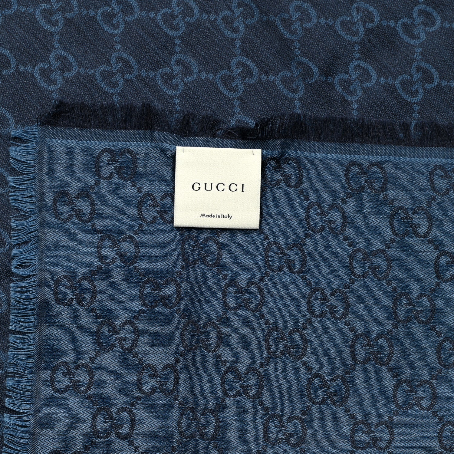 Gucci Wool Silk Monogram GGWeb Fringe Shawl Navy Blue 4 of 5