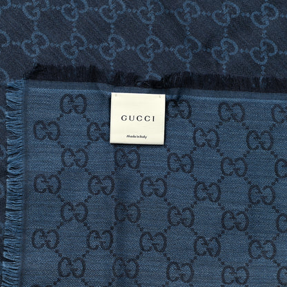 Gucci Wool Silk Monogram GGWeb Fringe Shawl Navy Blue 4 of 5