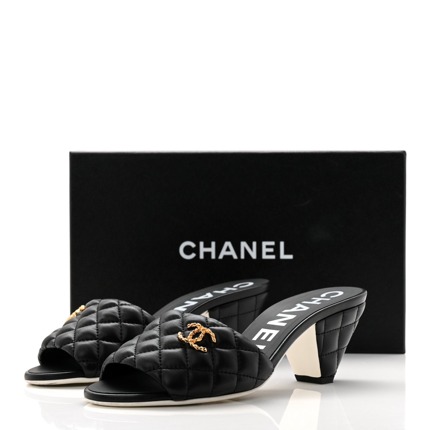 Lambskin Quilted Textured CC Mules 37.5 Black