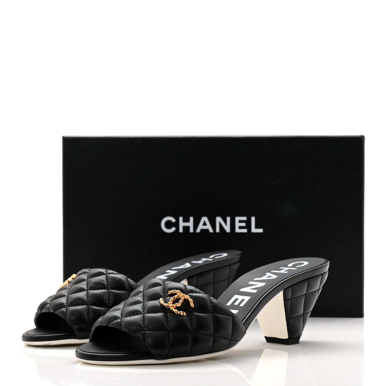 Chanel Lambskin Quilted Textured CC Mules 37.5 Black 10 of 10