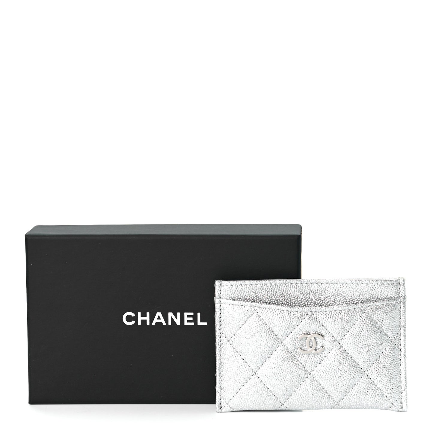 Glittered Metallic Caviar Quilted Card Holder Silver