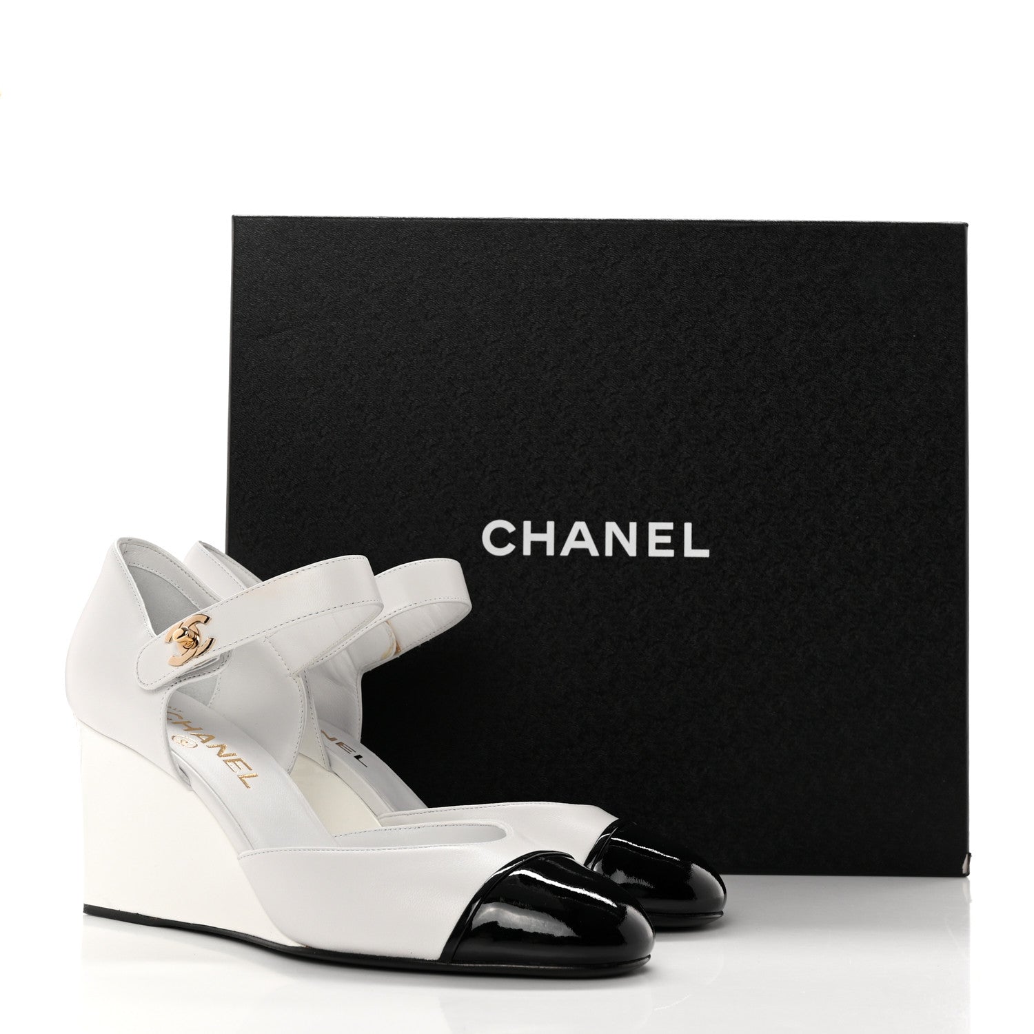 Chanel Lambskin Patent Cap Toe Mary Jane Wedge Pumps 39 White Black 12 of 12