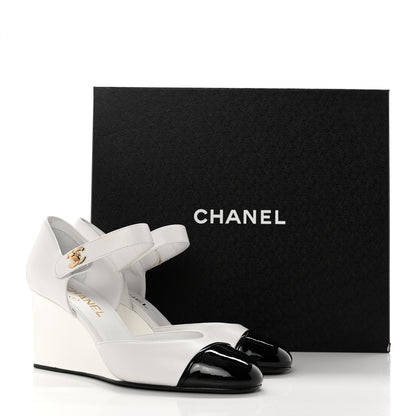 Chanel Lambskin Patent Cap Toe Mary Jane Wedge Pumps 39 White Black 12 of 12