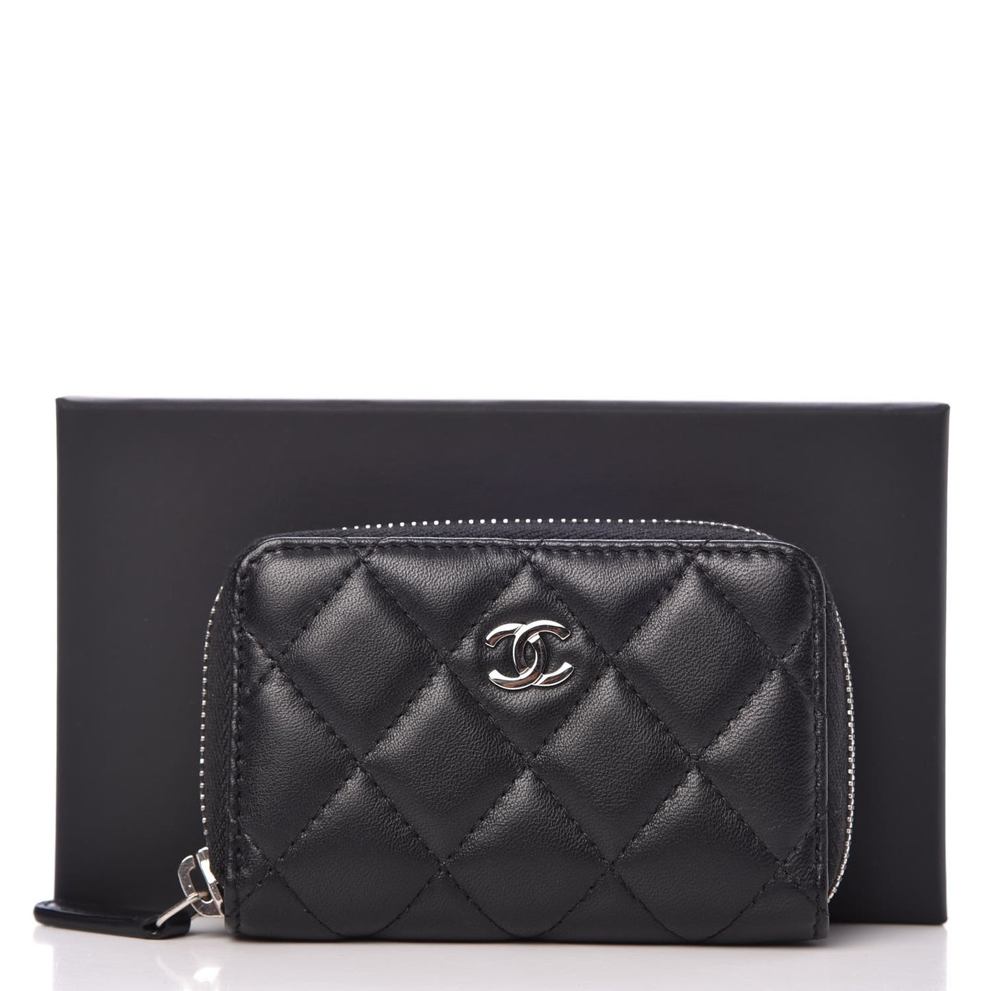 Lambskin Quilted Zip Around Coin Purse Wallet Black