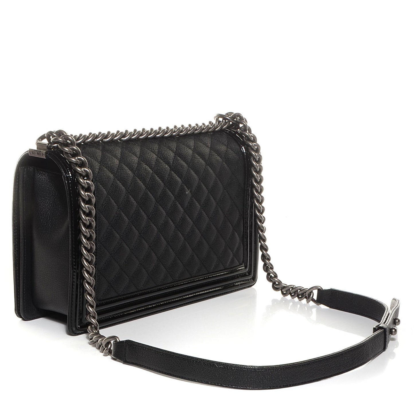 Patent Goatskin Quilted New Medium Boy Flap Black