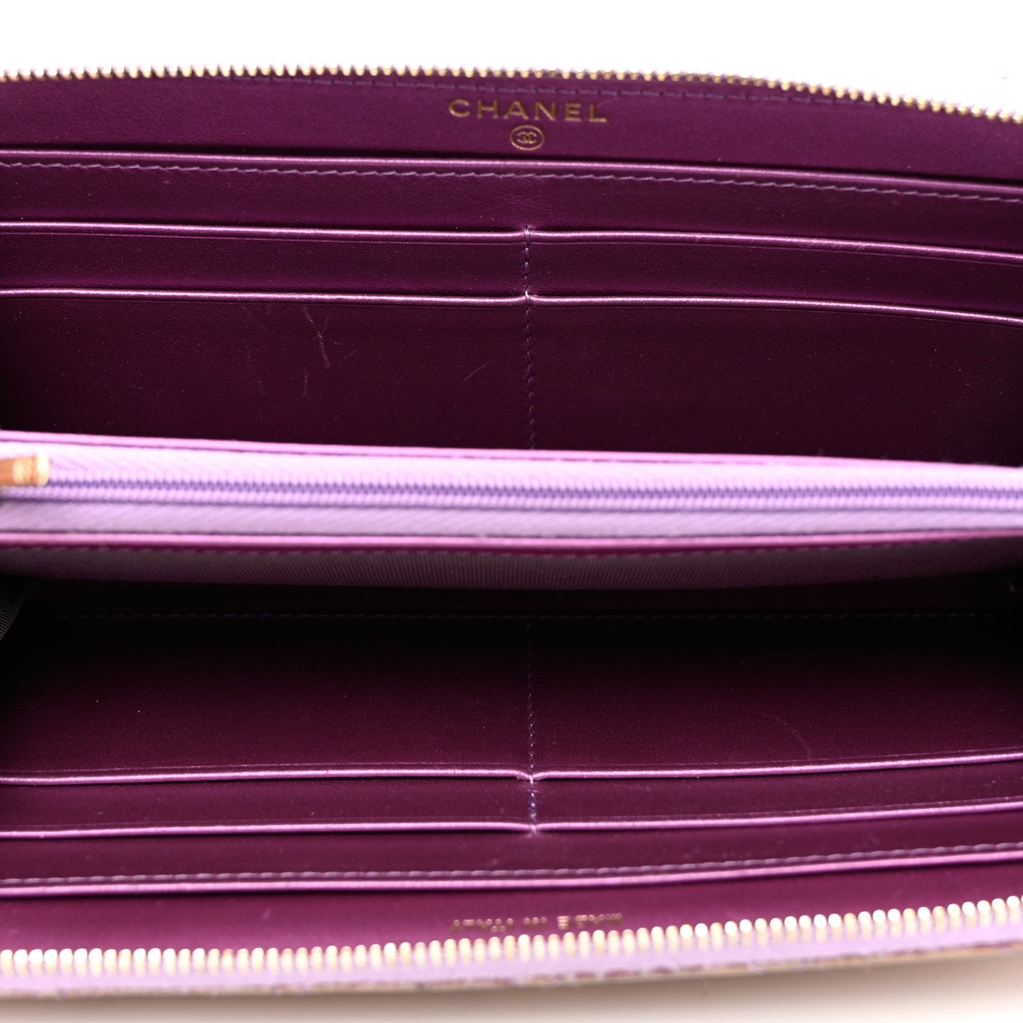 Iridescent Lambskin Quilted Large Gusset Zip Around Wallet Purple