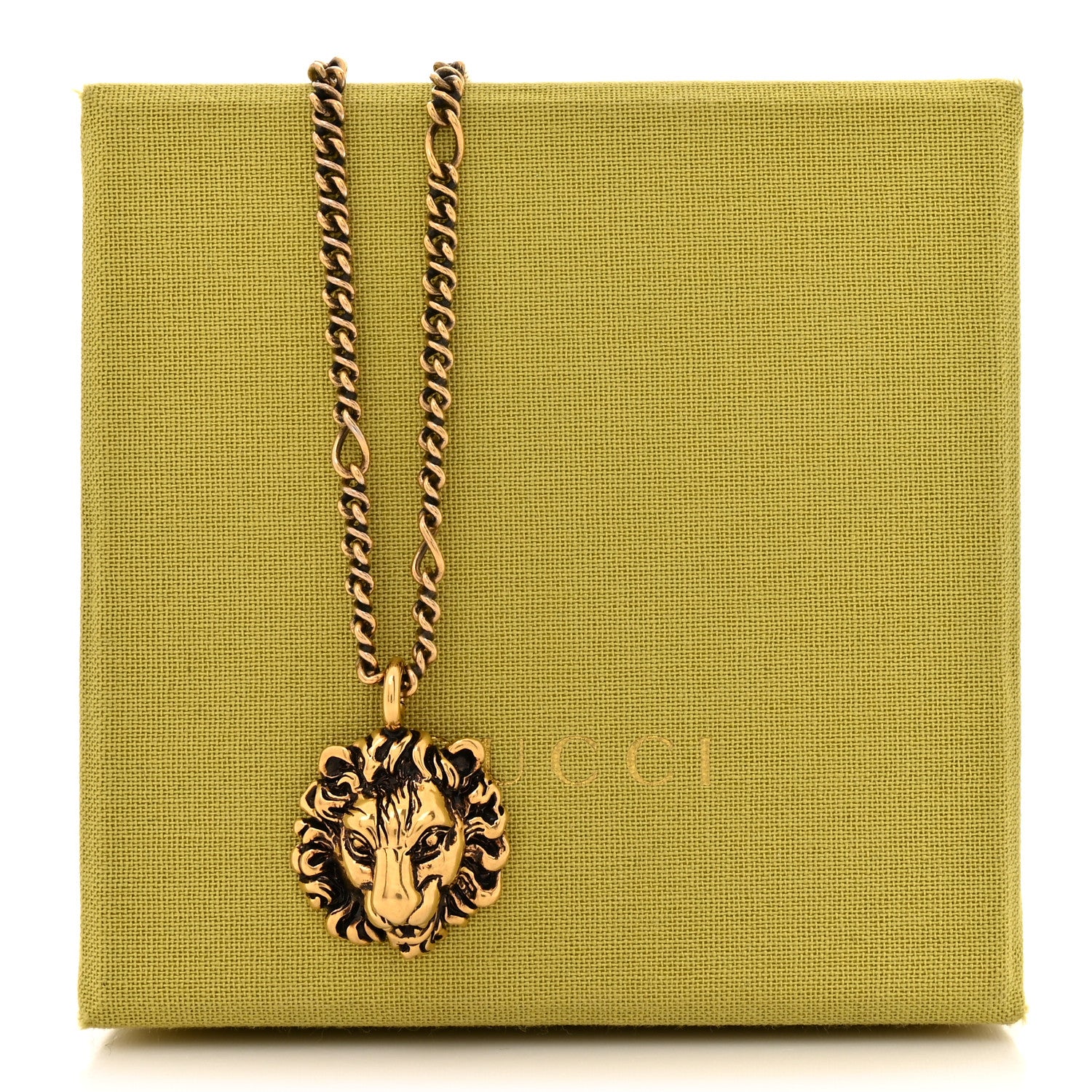 Gucci Metal Pearl Crystal Lion Head Necklace Aged Gold Multicolor