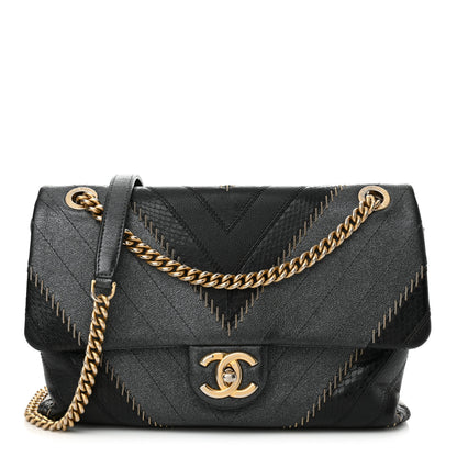 Chanel Calfskin Iridescent Snakeskin Patchwork Chevron Medium Flap Black Silver 1 of 12