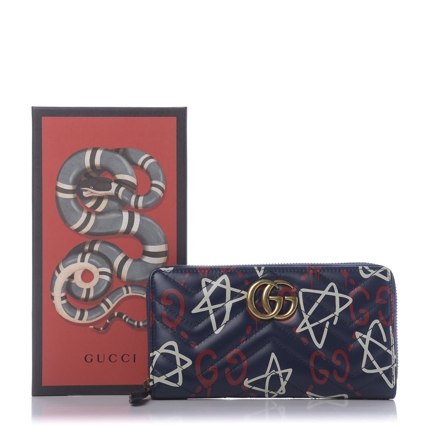 Calfskin Matelasse GucciGhost GG Marmont Zip Around Wallet Blue Agata Hibiscus Red