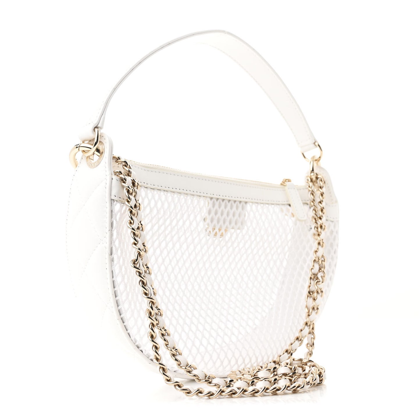 Mesh Shiny Lambskin Chain Hobo White