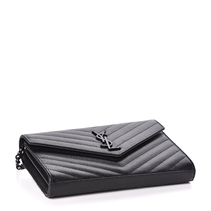 Saint Laurent Grain De Poudre Matelasse Chevron Monogram Chain Wallet Black 4 of 11