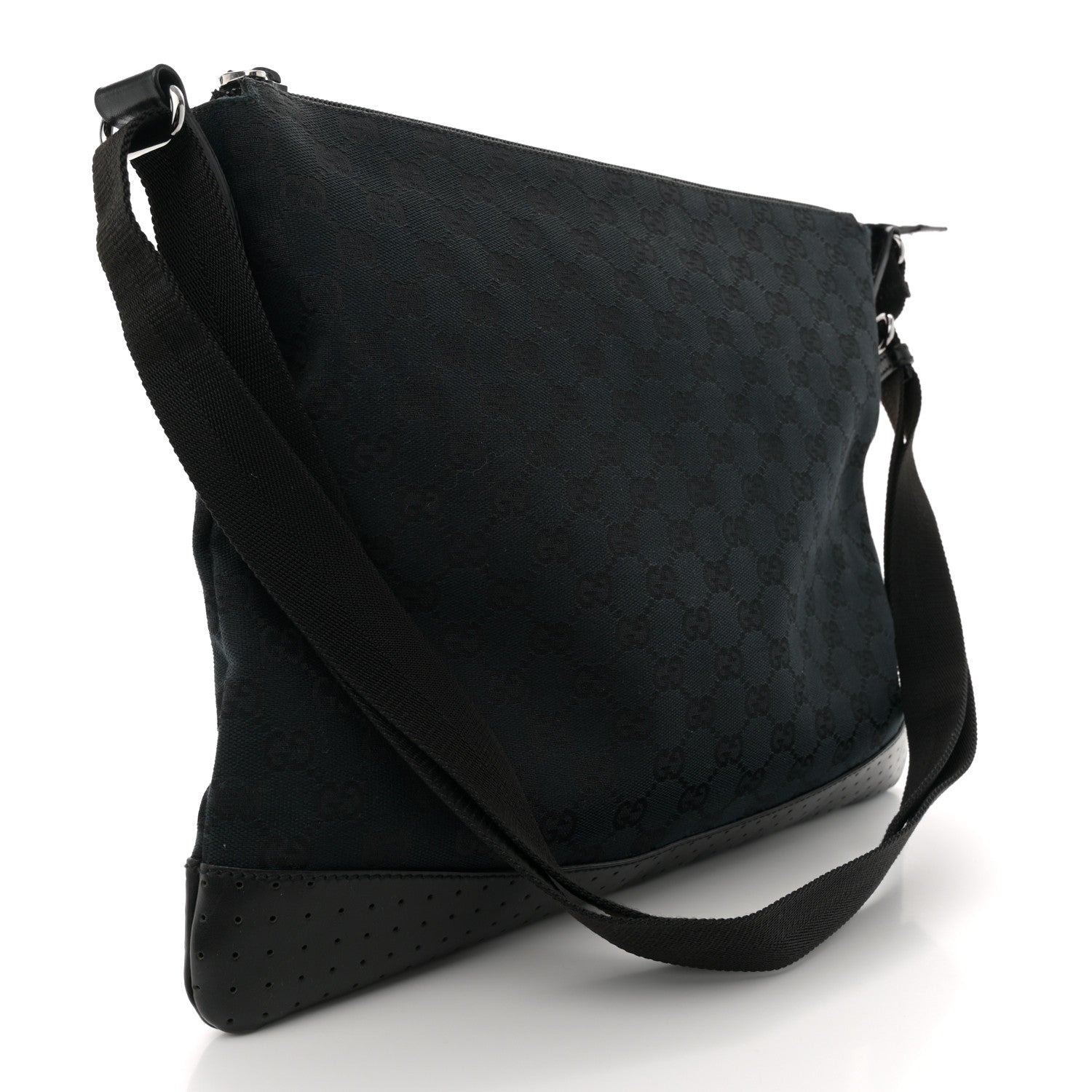 Gucci Monogram Calfskin Perforated Medium Flat Messenger Bag Black 3 of 12